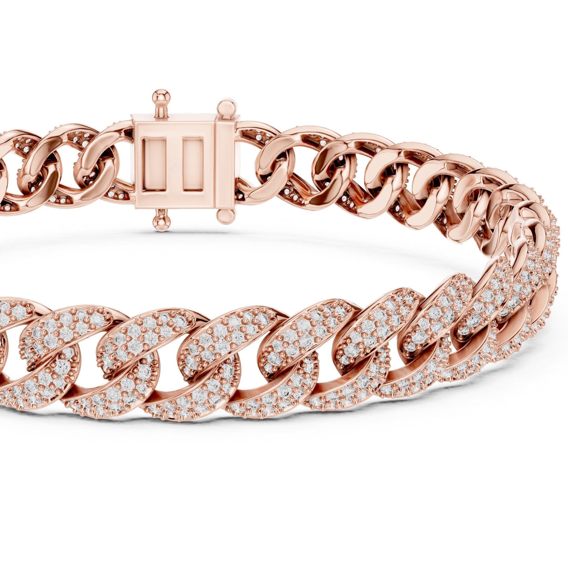 Rose gold bracelet with diamond accents on a white background