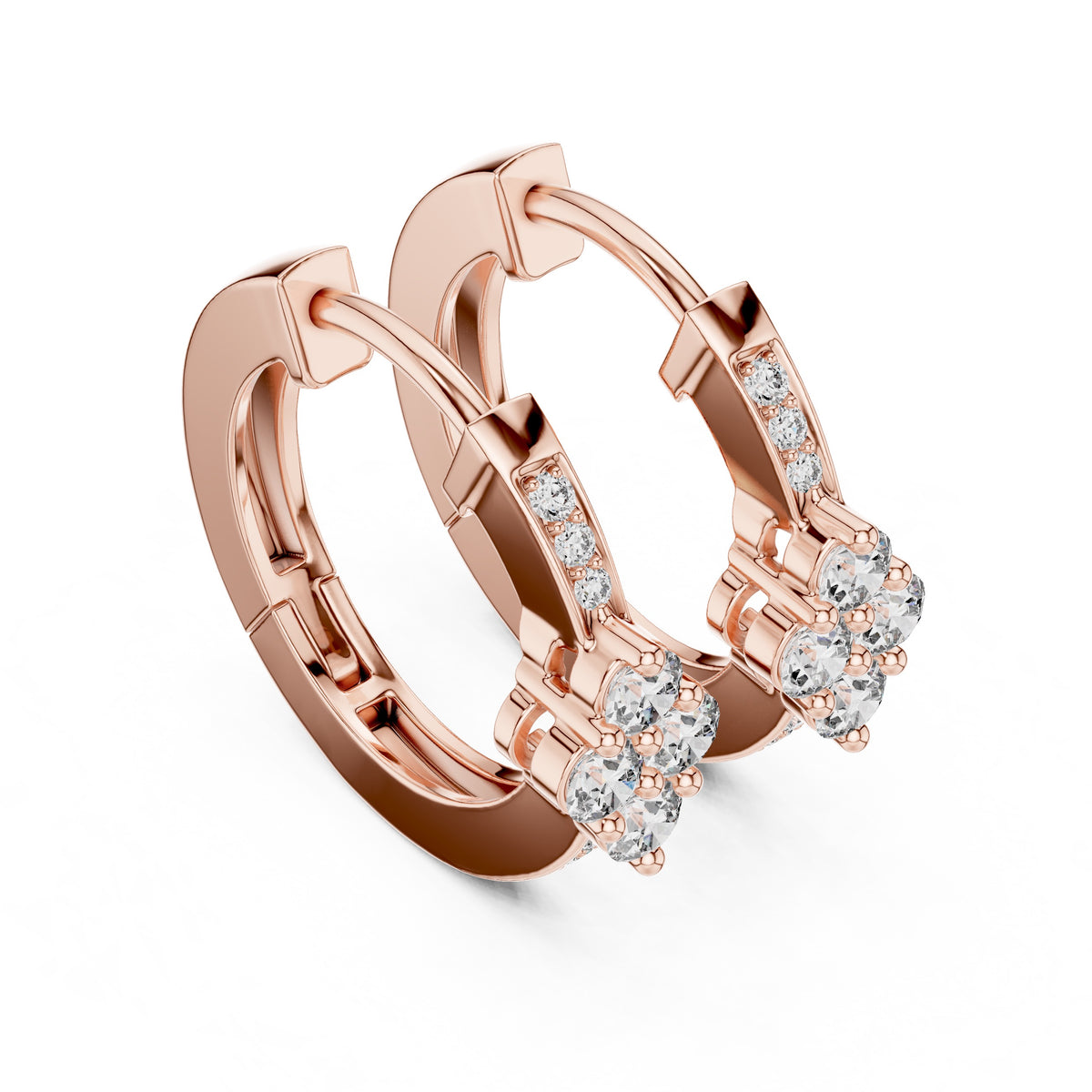 Rose gold hoop earrings with clear gemstones on a white background