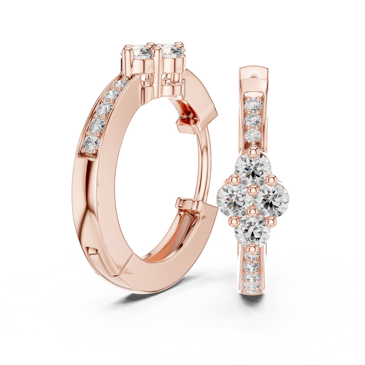 Rose gold hoop earrings with diamond accents on a white background