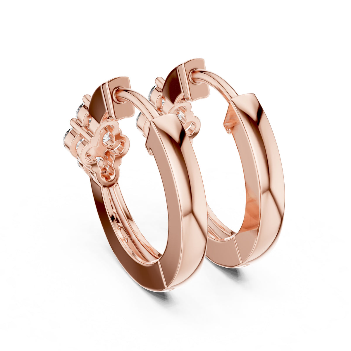 Rose gold hoop earrings on a white background