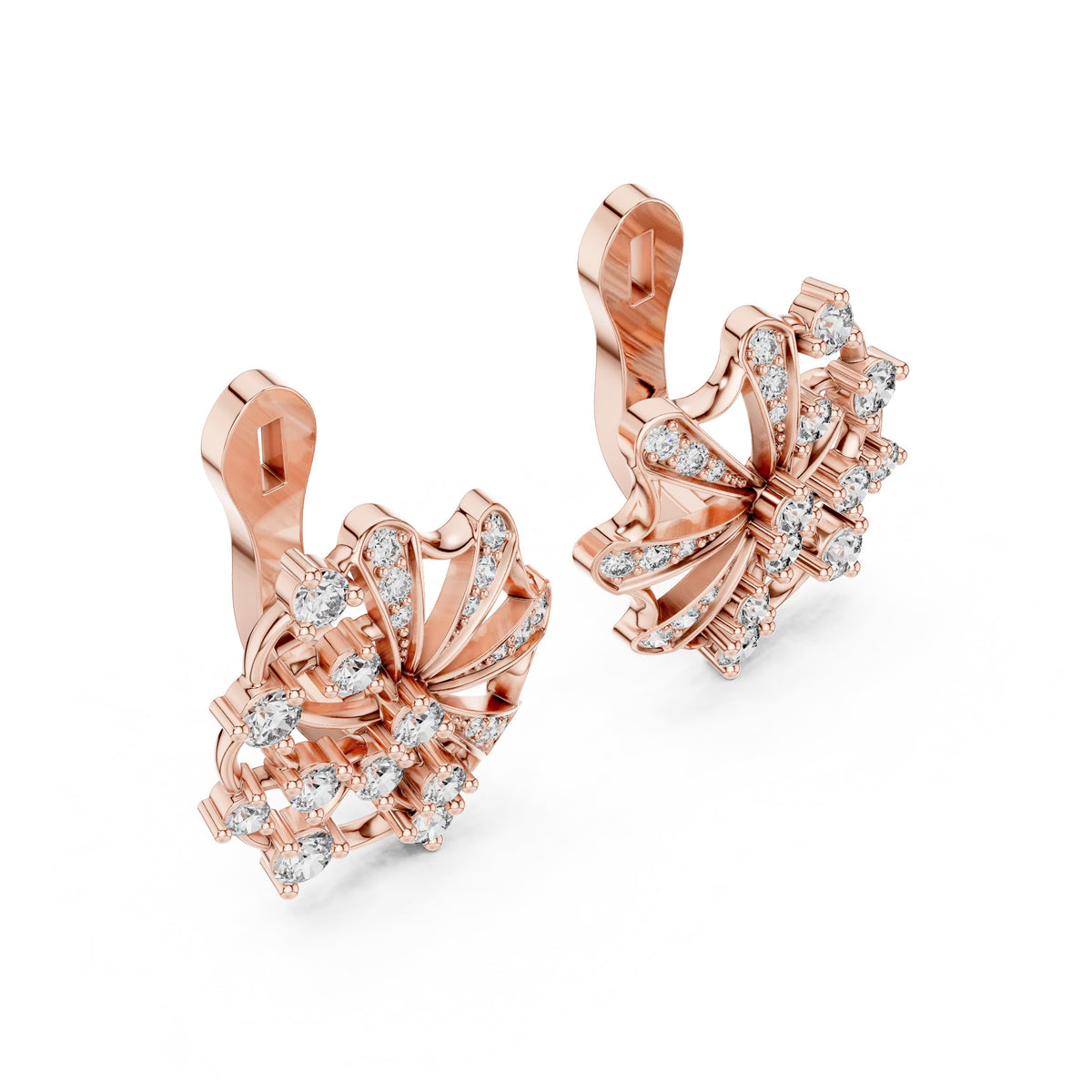 Rose gold earrings with diamond accents on a white background