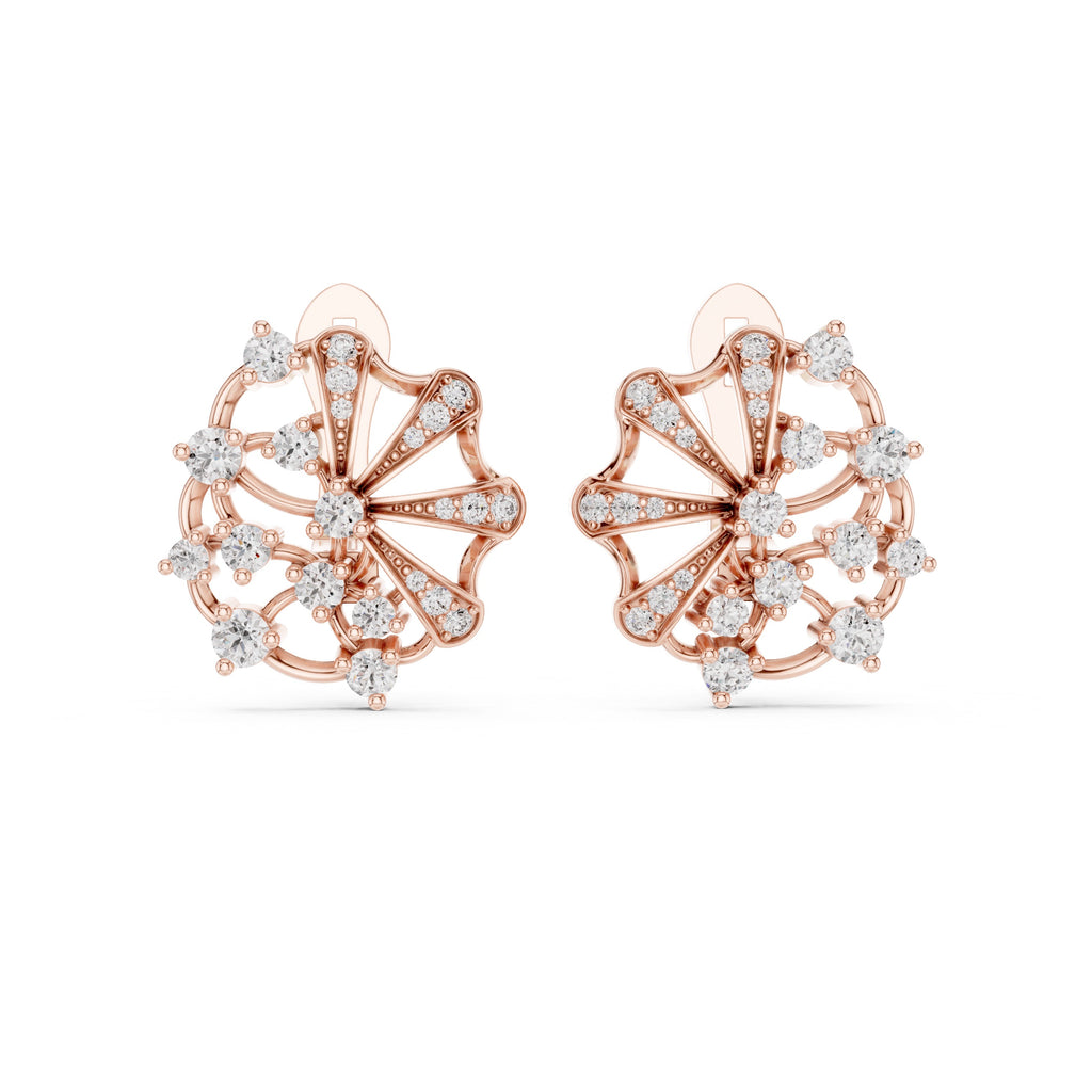 A pair of rose gold stud earrings with intricate fan-shaped designs set with clear round diamonds, shown against a plain white background.