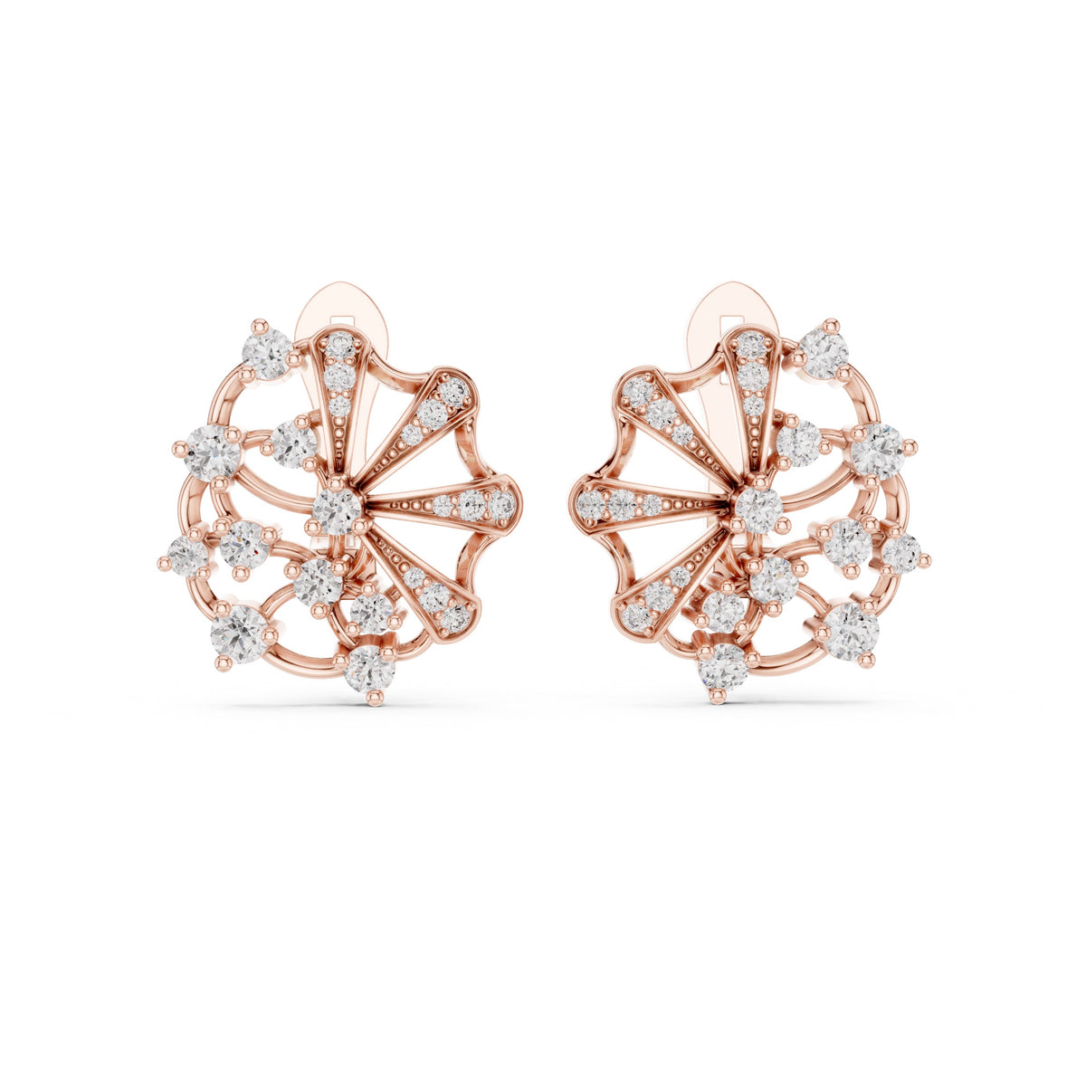 A pair of rose gold stud earrings with intricate fan-shaped designs set with clear round diamonds, shown against a plain white background.