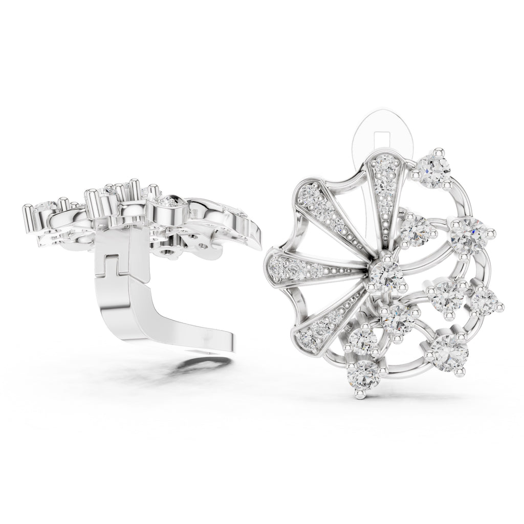 White gold ring with diamonds and decorative design on a white background.