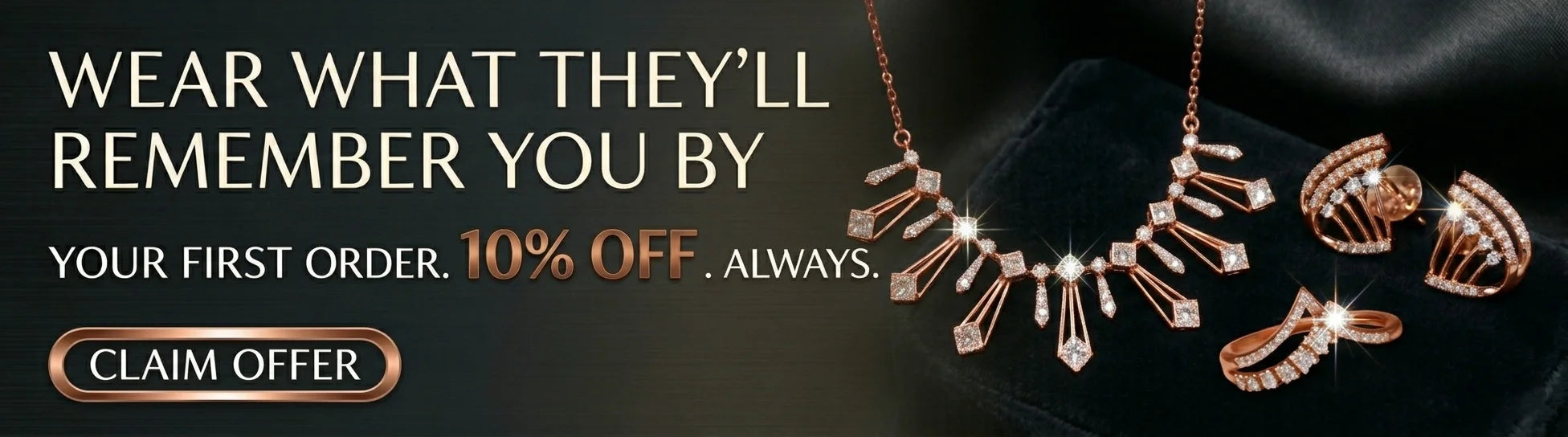 JewelsBySourabh promotional desktop banner featuring a rose gold diamond jewelry set with a statement necklace, matching earrings, and a ring, alongside a 10% off first order offer and a "Claim Offer" button.