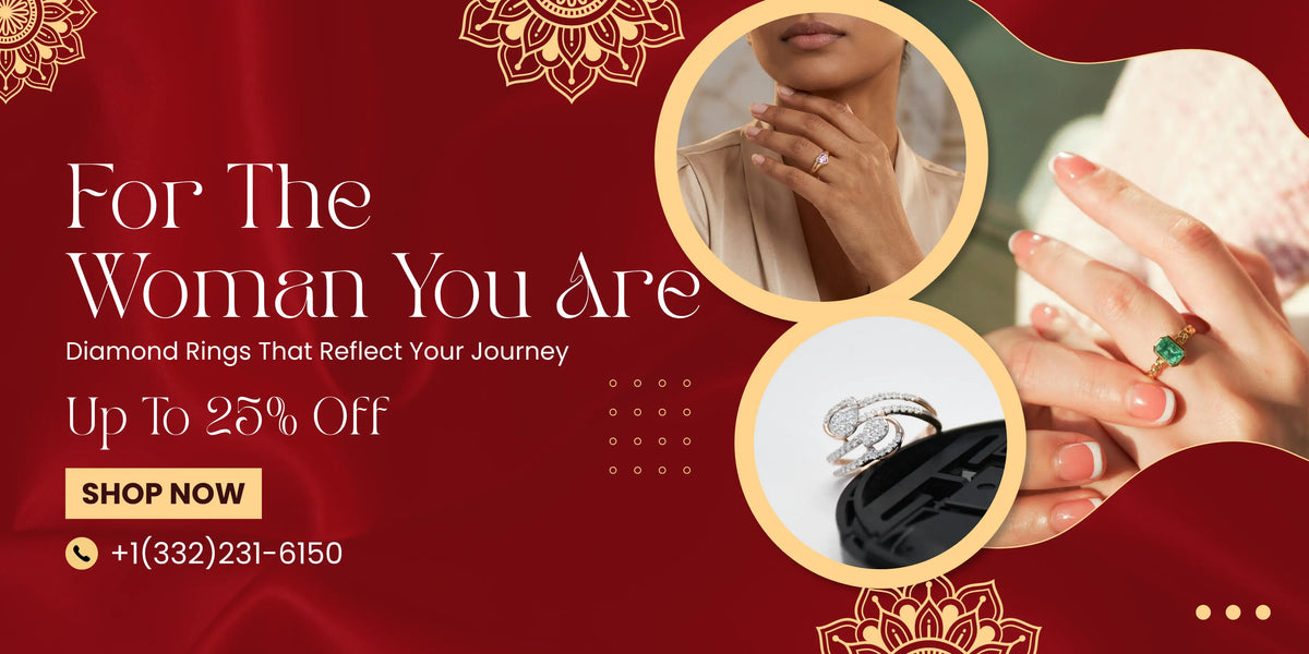 Promotional banner for diamond rings featuring a deep red background with gold mandala designs, white text reading 'For The Woman You Are' and 'Up To 25% Off', plus two circular inset photos showing a woman wearing a ring and a close-up of a ring on a hand.
