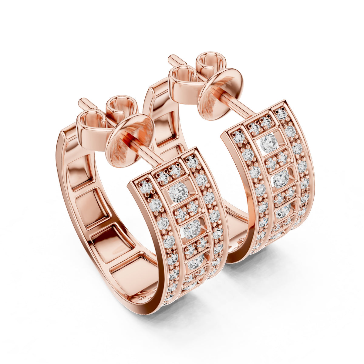 Rose gold hoop earrings with diamond accents on a white background