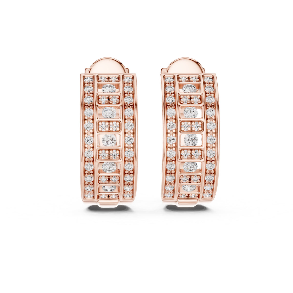 Rose gold hoop earrings with embedded diamonds on a white background