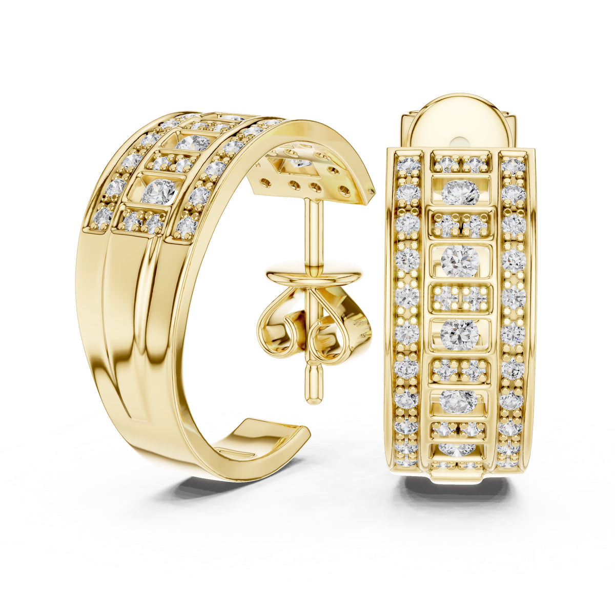 A pair of yellow gold huggie hoop earrings decorated with pavé-set and bezel-set clear diamonds, shown from both front and side angles on a white background.