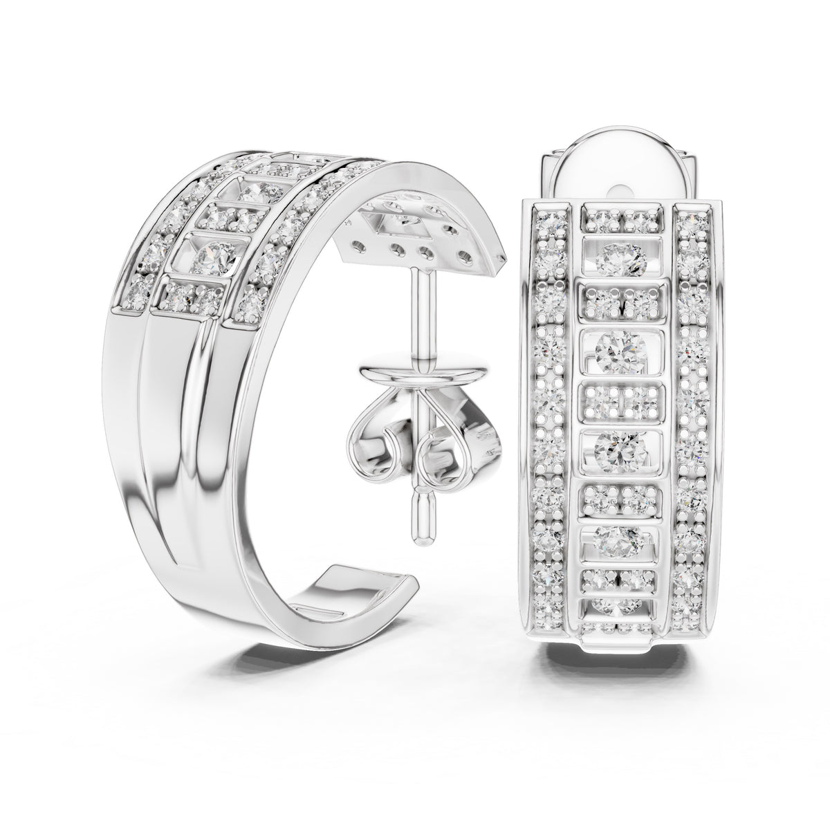 White gold hoop earrings with diamond accents on a white background
