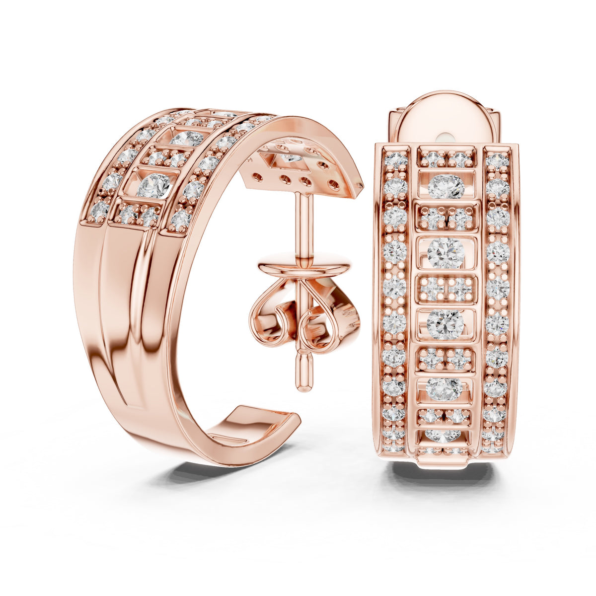 Rose gold hoop earrings with pavé-set clear stones, shown in front and side views on a clean white background.