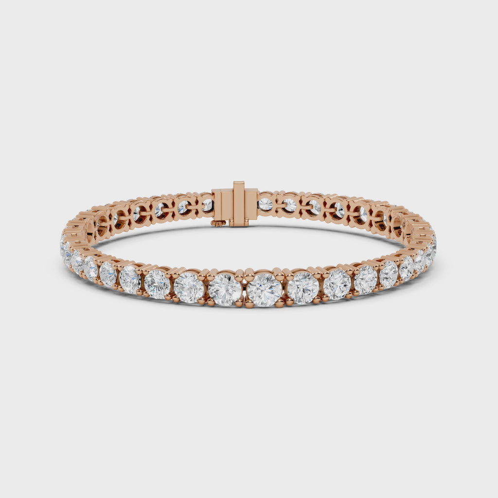 Rose gold bracelet with diamonds on a white surface, is rotating parallel to the surface to show its view from every side.