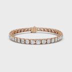 Rose gold bracelet with diamonds on a white surface, is rotating parallel to the surface to show its view from every side.