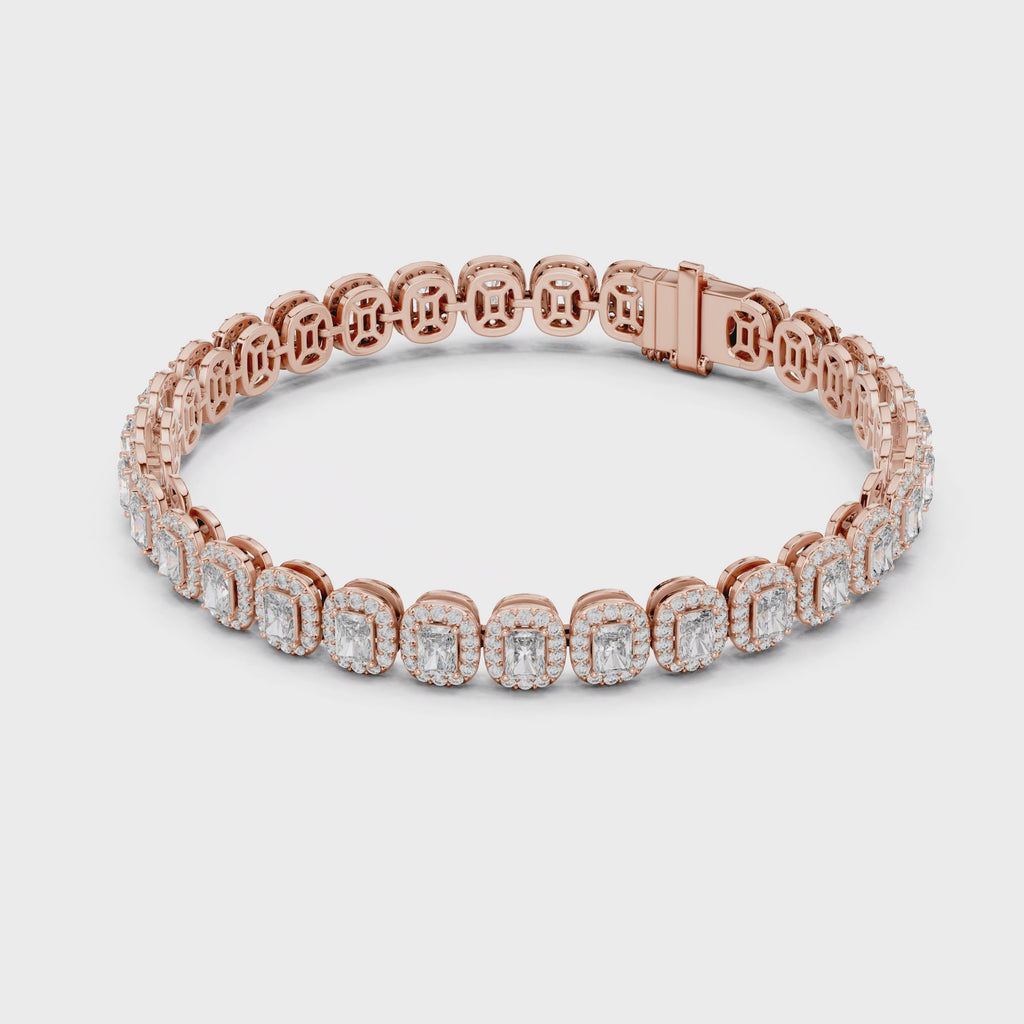 Rose gold bracelet with diamonds on a white background, rotating parallel to the surface to show the its all view from every side.