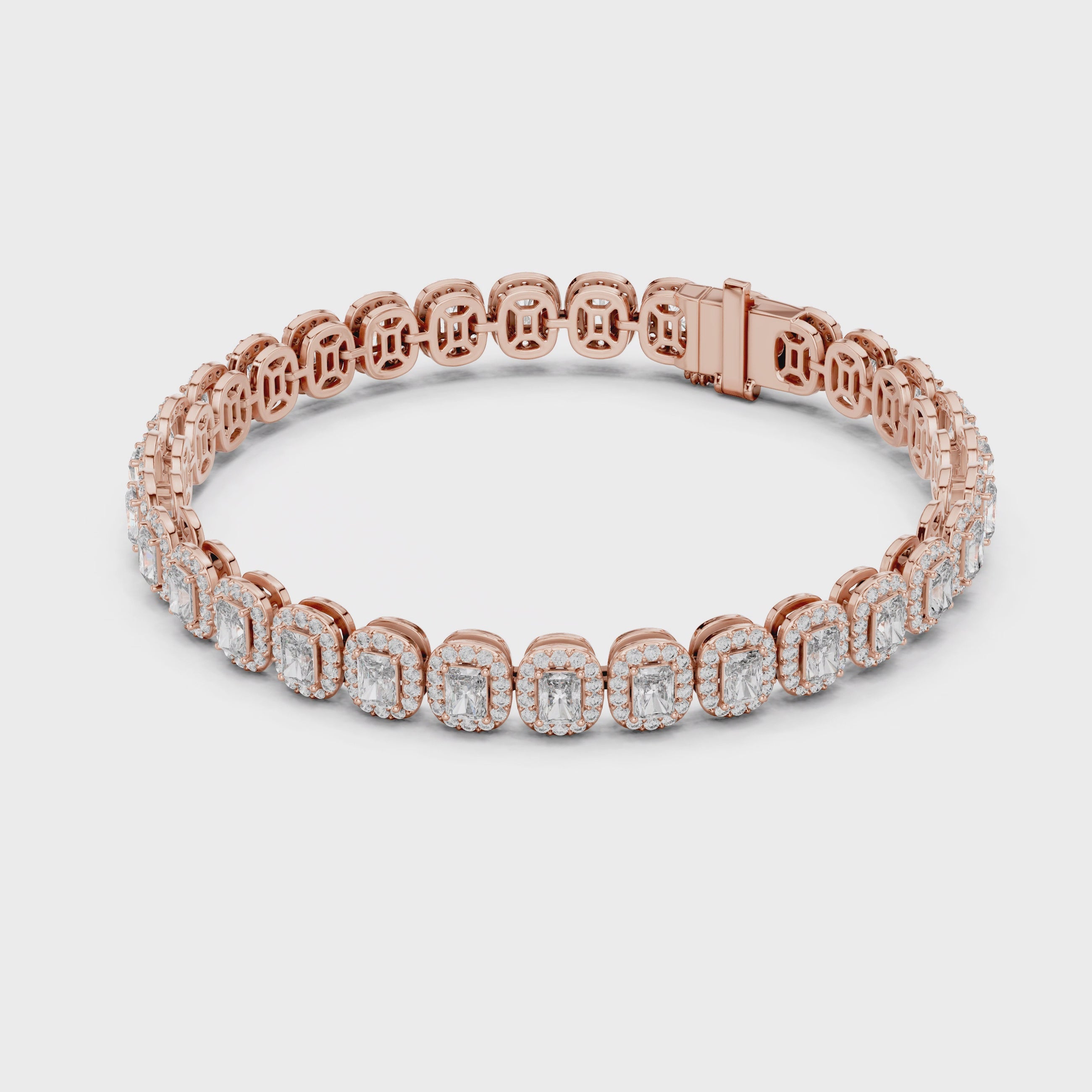 Rose gold bracelet with diamonds on a white background, rotating parallel to the surface to show the its all view from every side.