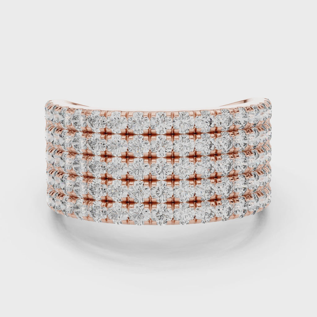 A wide, multi-row diamond band ring in rose gold, featuring rows of round-cut diamonds set in a polished rose gold-tone metal, shown on a clean white background, is rotating parallel to the surface.