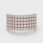 A wide, multi-row diamond band ring in rose gold, featuring rows of round-cut diamonds set in a polished rose gold-tone metal, shown on a clean white background, is rotating parallel to the surface.