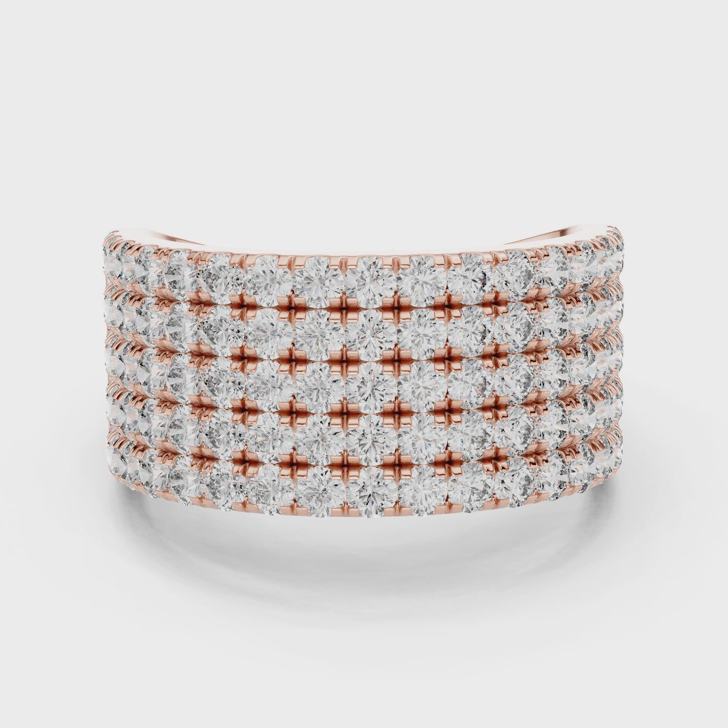 A wide, multi-row diamond band ring in rose gold, featuring rows of round-cut diamonds set in a polished rose gold-tone metal, shown on a clean white background, is rotating parallel to the surface.