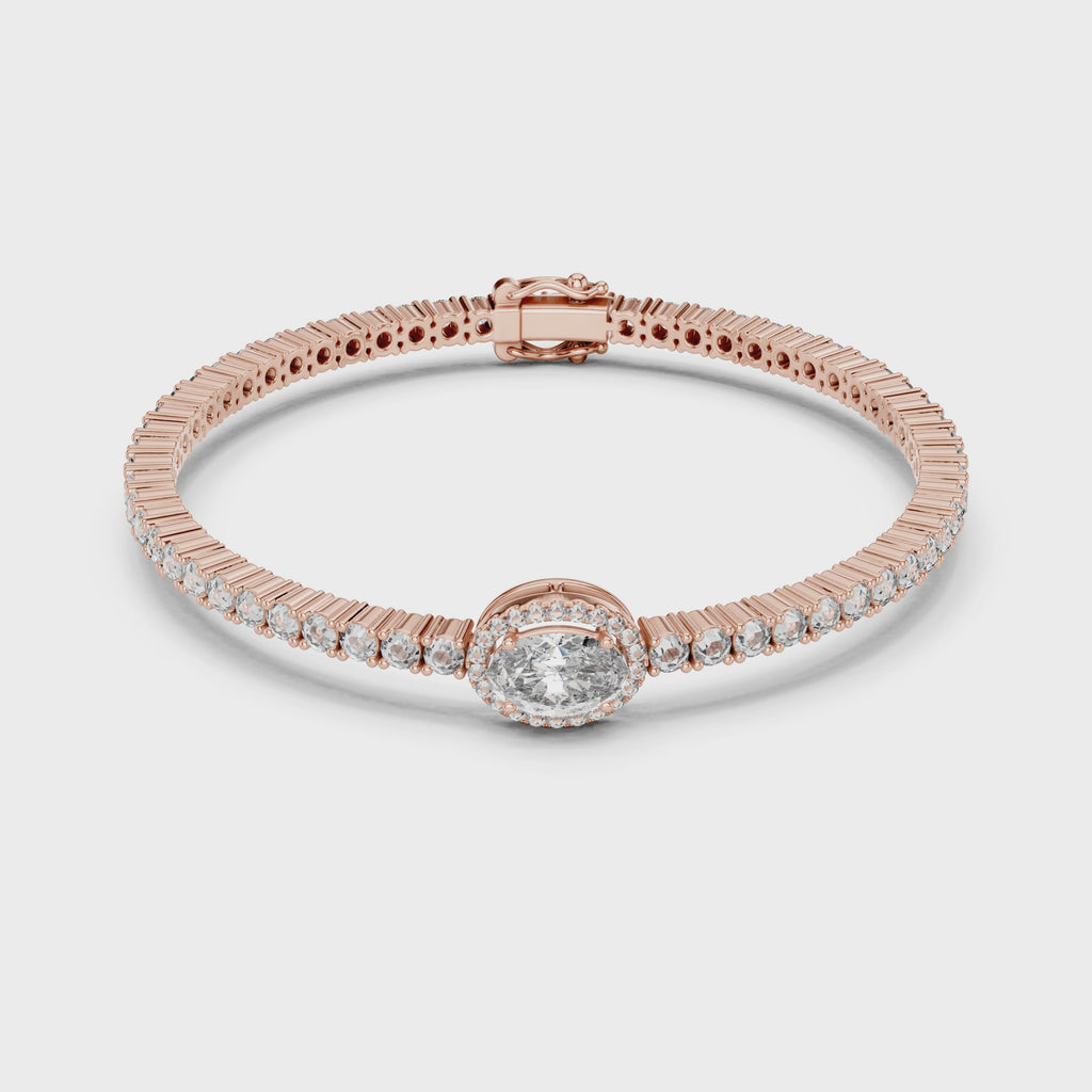 Rose gold bracelet with diamonds on a white surface, is rotating parallel to the surface to show its view from every side.