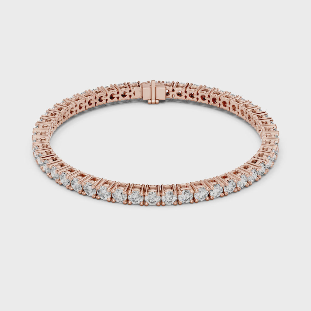 A rose gold tennis bracelet with a continuous row of round-cut clear diamonds, displayed on a clean white surface and rotating parallel to the surface.