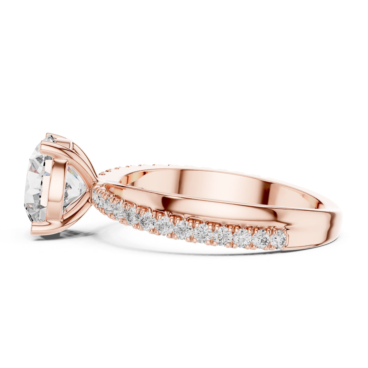 Rose gold ring with diamond accents on a white background