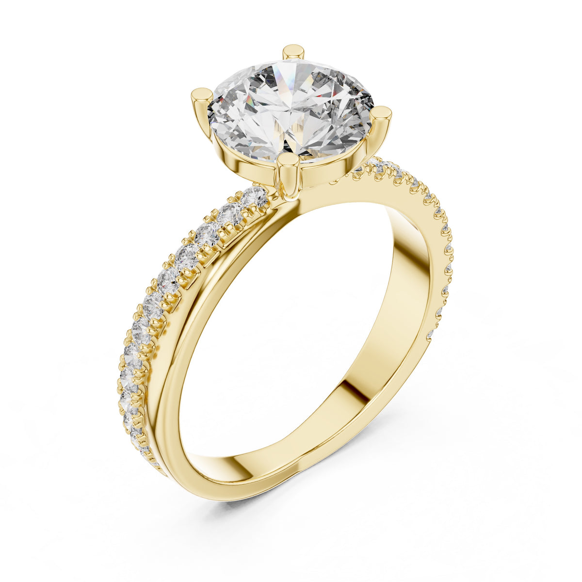 Gold ring with a large diamond and smaller diamonds on the band against a white background