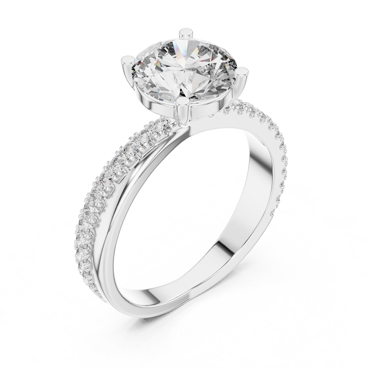 Diamond ring with a white gold band on a white background
