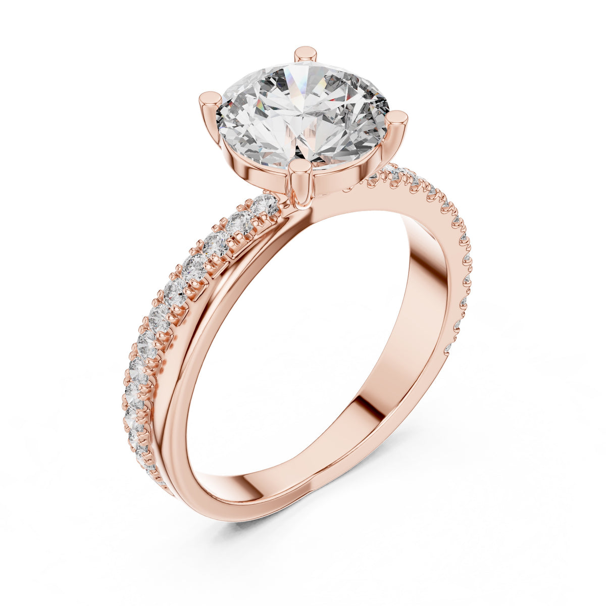 Rose gold ring with a large diamond and smaller diamonds on the band against a white background