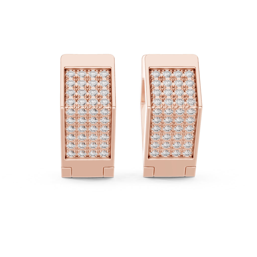Rose gold earrings with clear diamonds on a white background