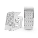 Pair of white gold earrings with clear diamonds on a white background