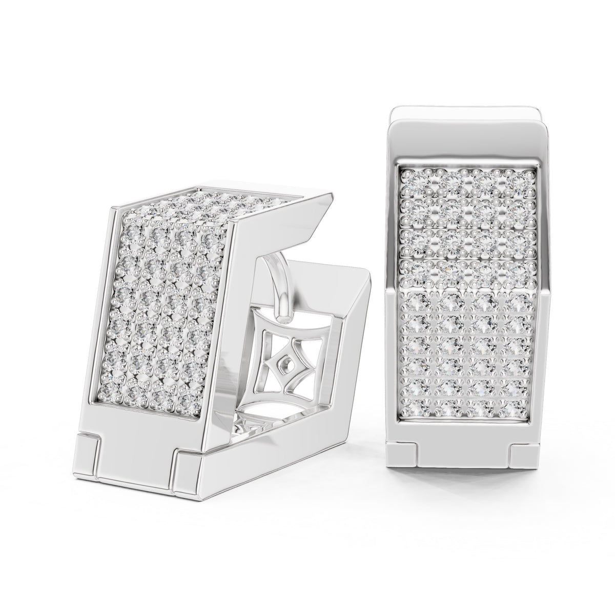 Pair of white gold earrings with clear diamonds on a white background