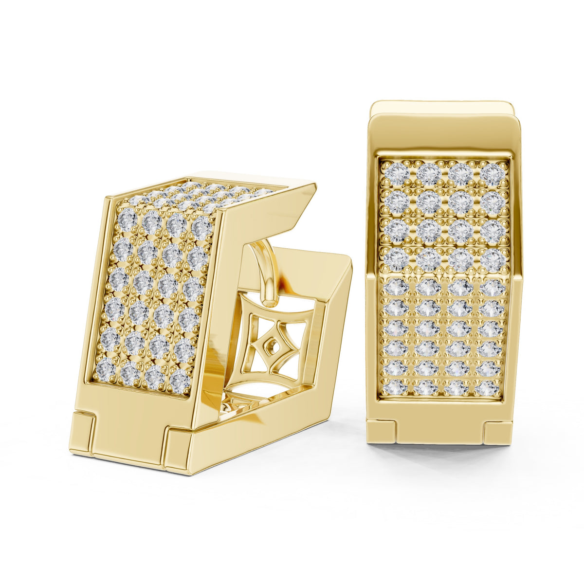 Gold earrings with diamond accents on a white background