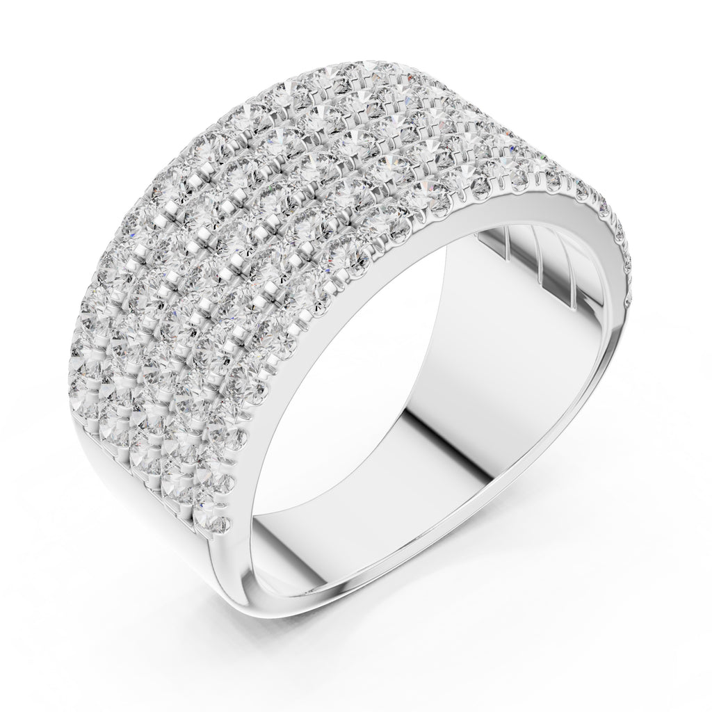 White gold ring with multiple rows of diamonds on a white background