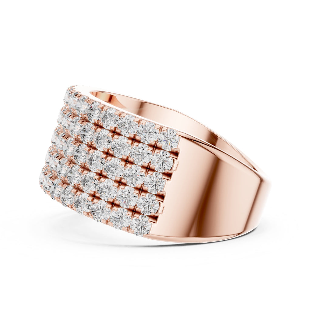 Rose gold ring with diamond accents on a white background