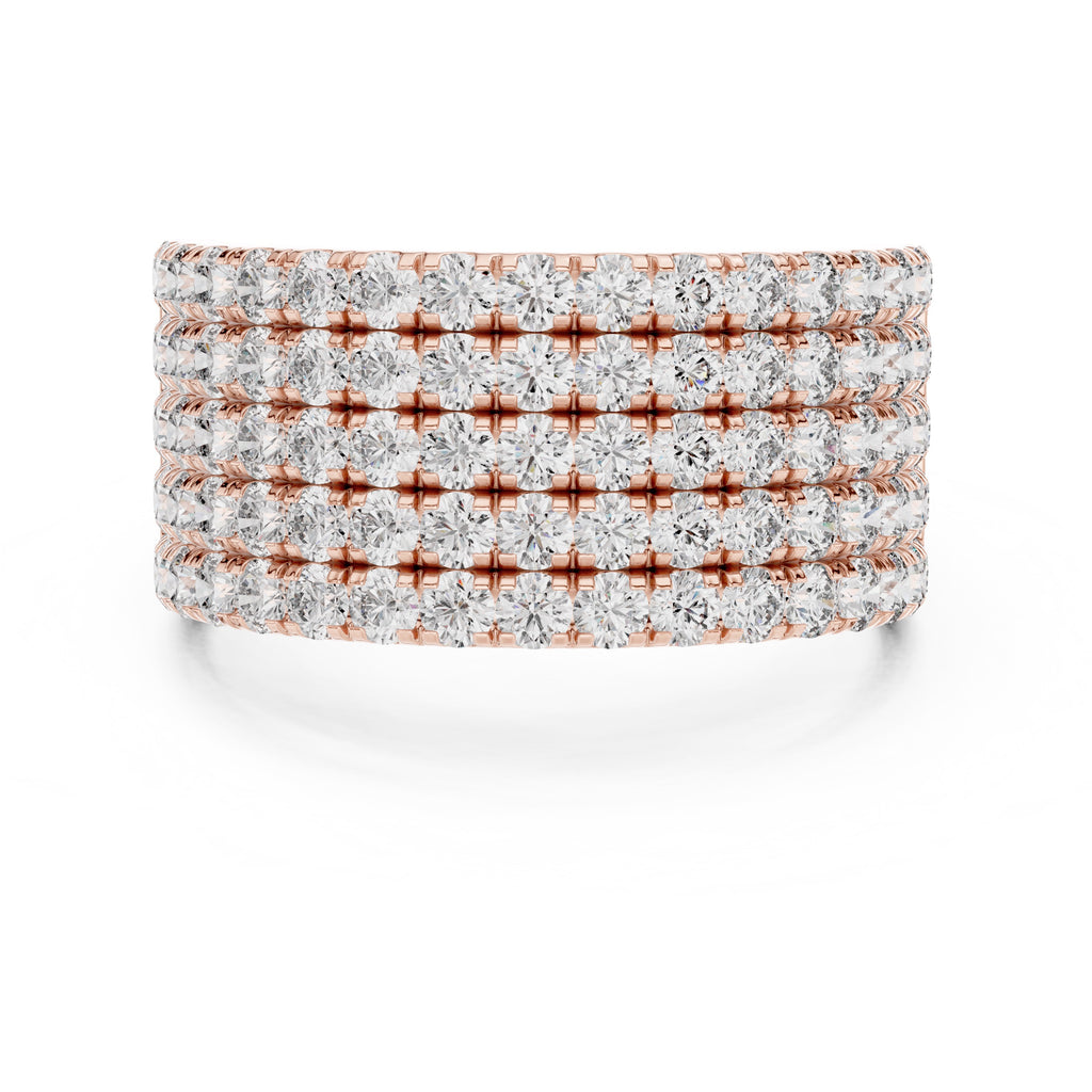 A wide, multi-row diamond band ring in rose gold, featuring rows of round-cut diamonds set in a polished rose gold-tone metal, shown on a clean white background.
