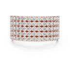A wide, multi-row diamond band ring in rose gold, featuring rows of round-cut diamonds set in a polished rose gold-tone metal, shown on a clean white background.