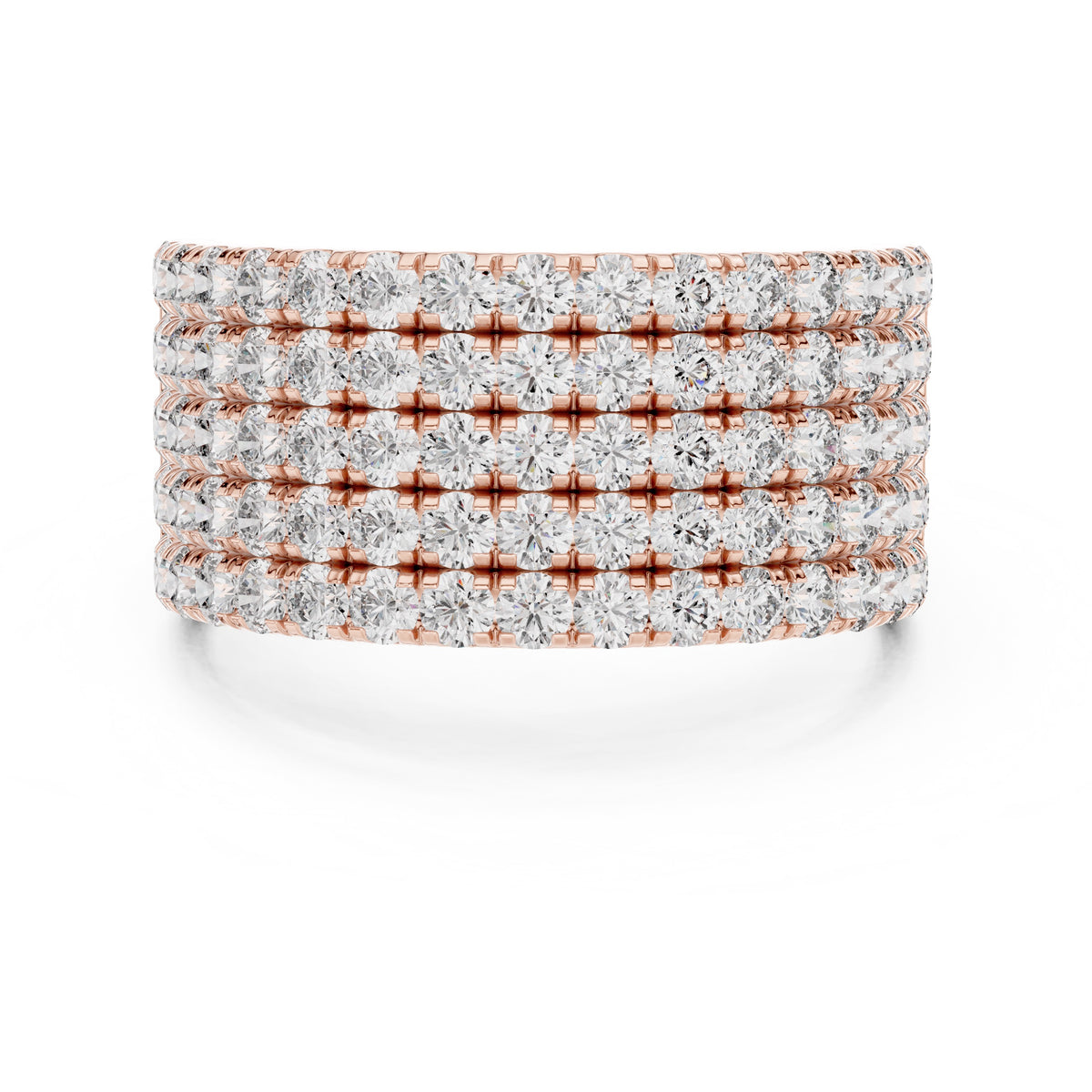 A wide, multi-row diamond band ring in rose gold, featuring rows of round-cut diamonds set in a polished rose gold-tone metal, shown on a clean white background.
