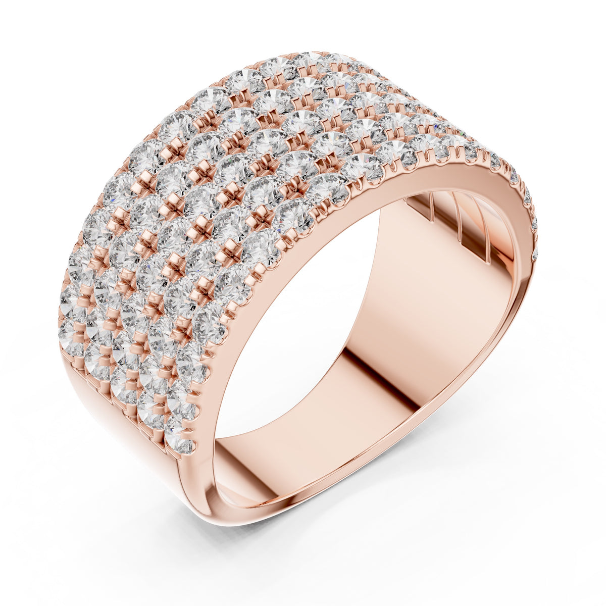 Rose gold ring with diamond accents on a white background