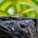 Gold ring with a butterfly-shaped frame studded with diamonds on a wooden surface with green foliage in the background