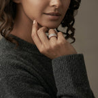 A close-up lifestyle shot of a woman wearing a gold ring set with small clear diamonds on her finger, paired with a dark gray knit sweater against a neutral background.