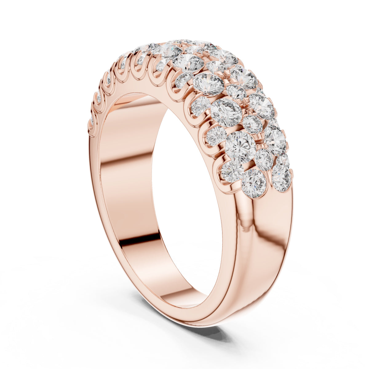 Rose gold ring with diamonds on a white background