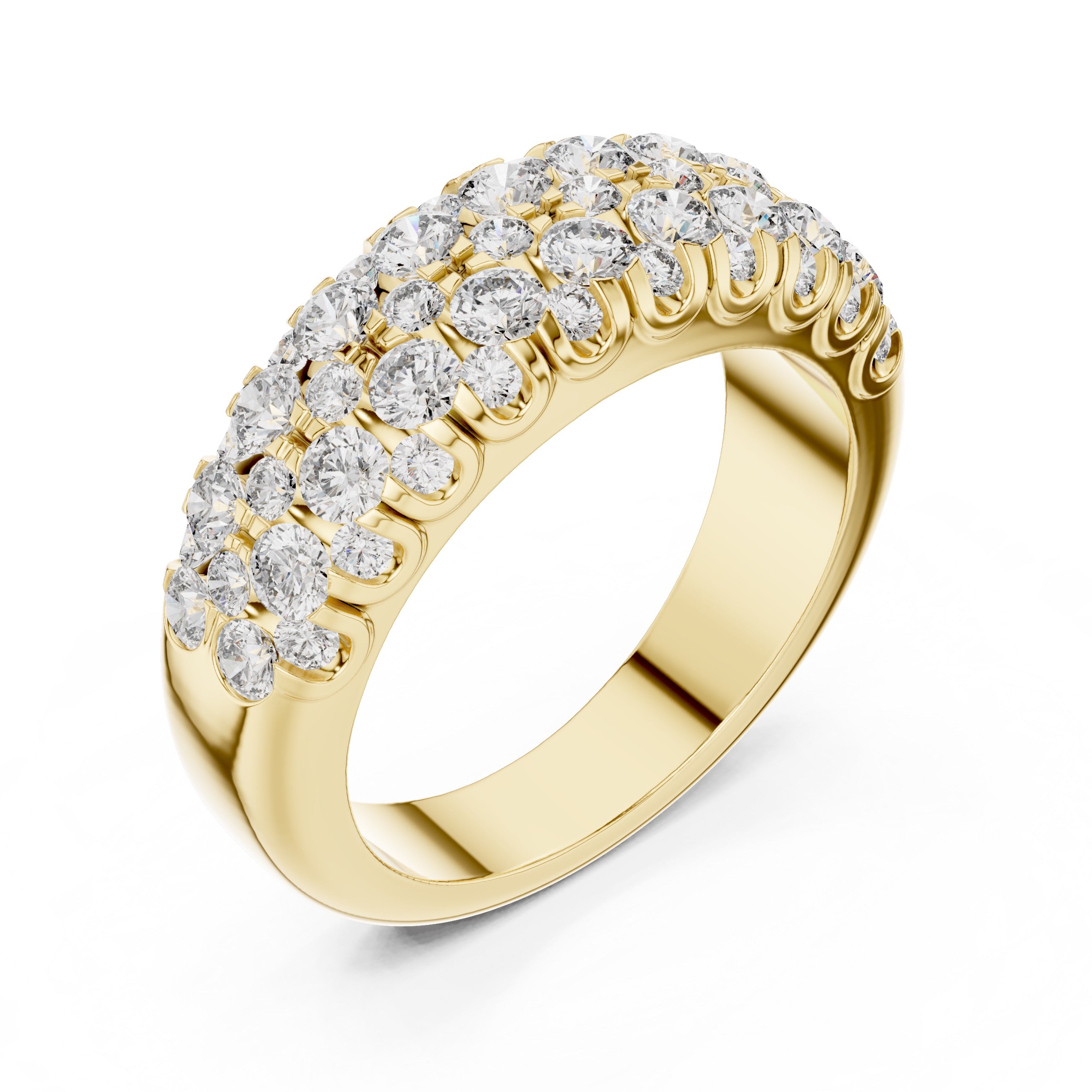 Yellow gold ring with diamond accents on a white background