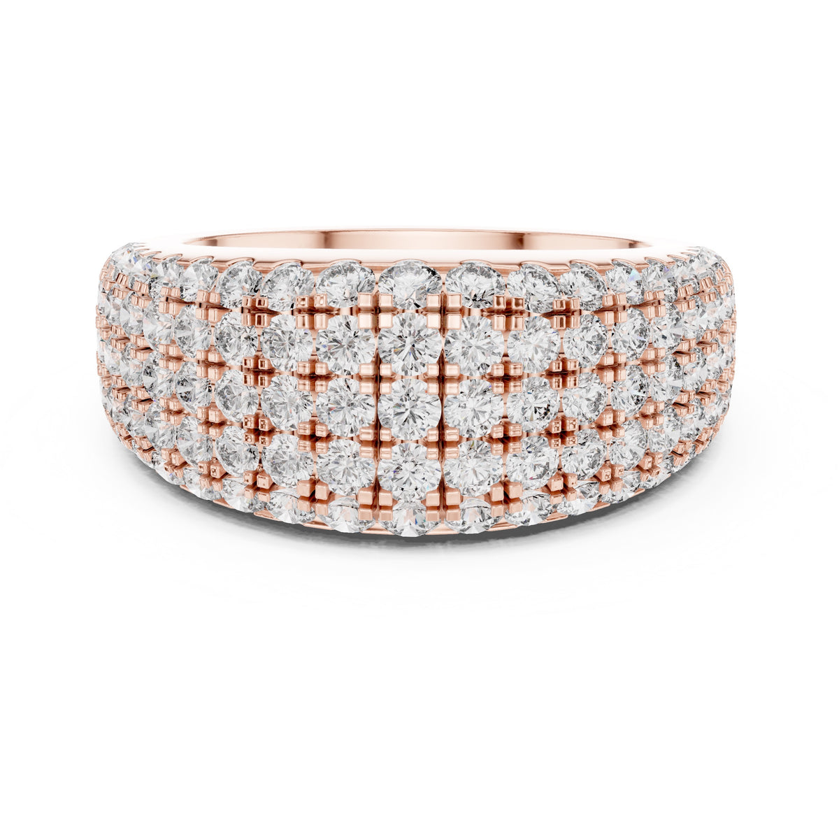Elegant diamond ring with rose gold and white gold band on a white background