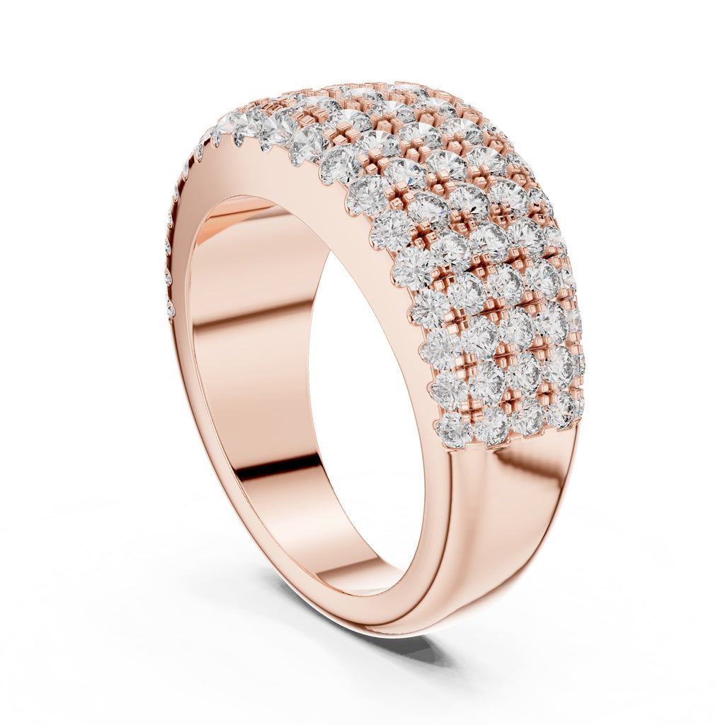 Rose gold ring with diamond accents on a white background