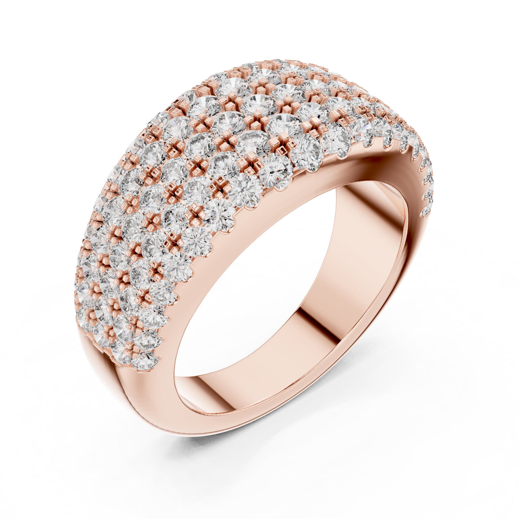 Rose gold ring with diamond accents on a white background